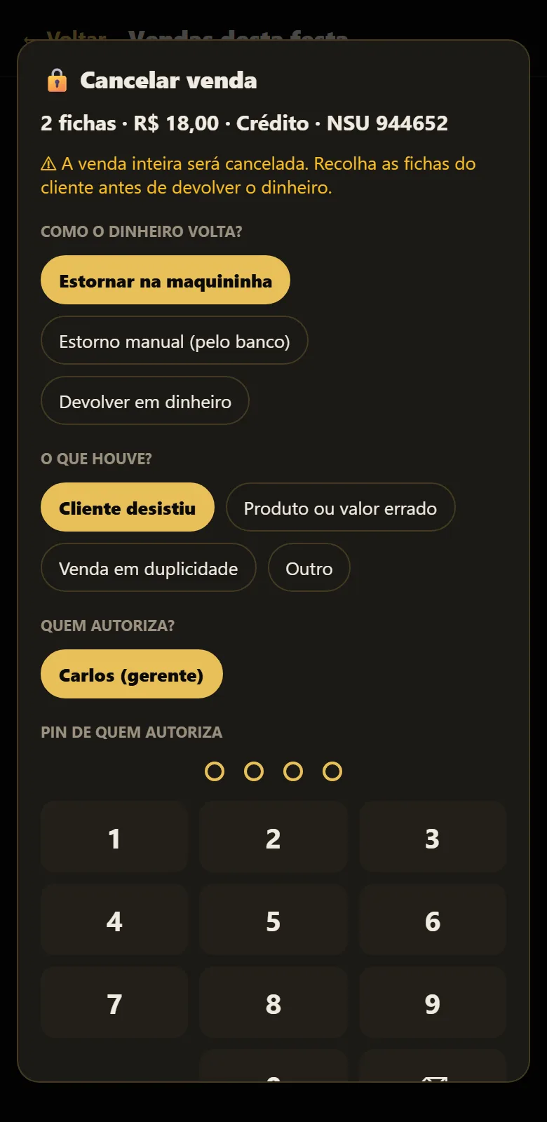 Cancelamento de venda com autorização