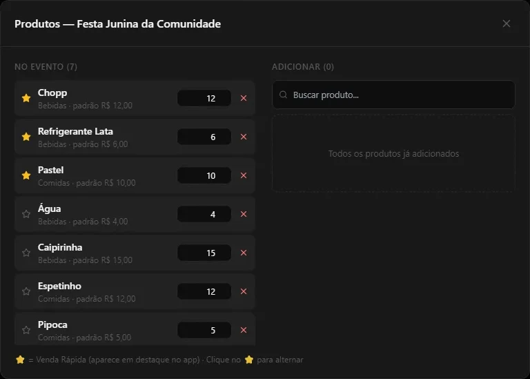 Cardápio da festa no portal, com preço por festa e destaques